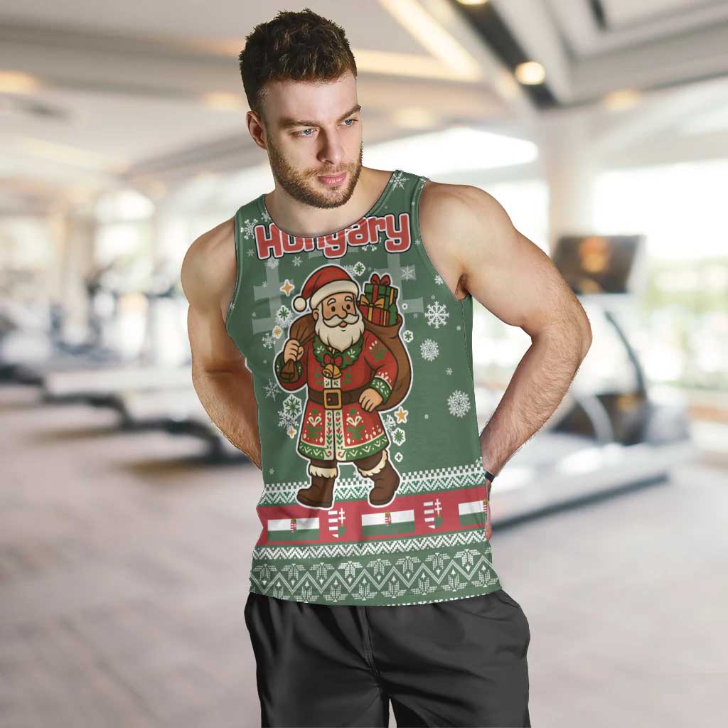 Hungary Christmas Men Tank Top with Green Snowflake Pattern Santa Claus Motif - Wonder Print Shop