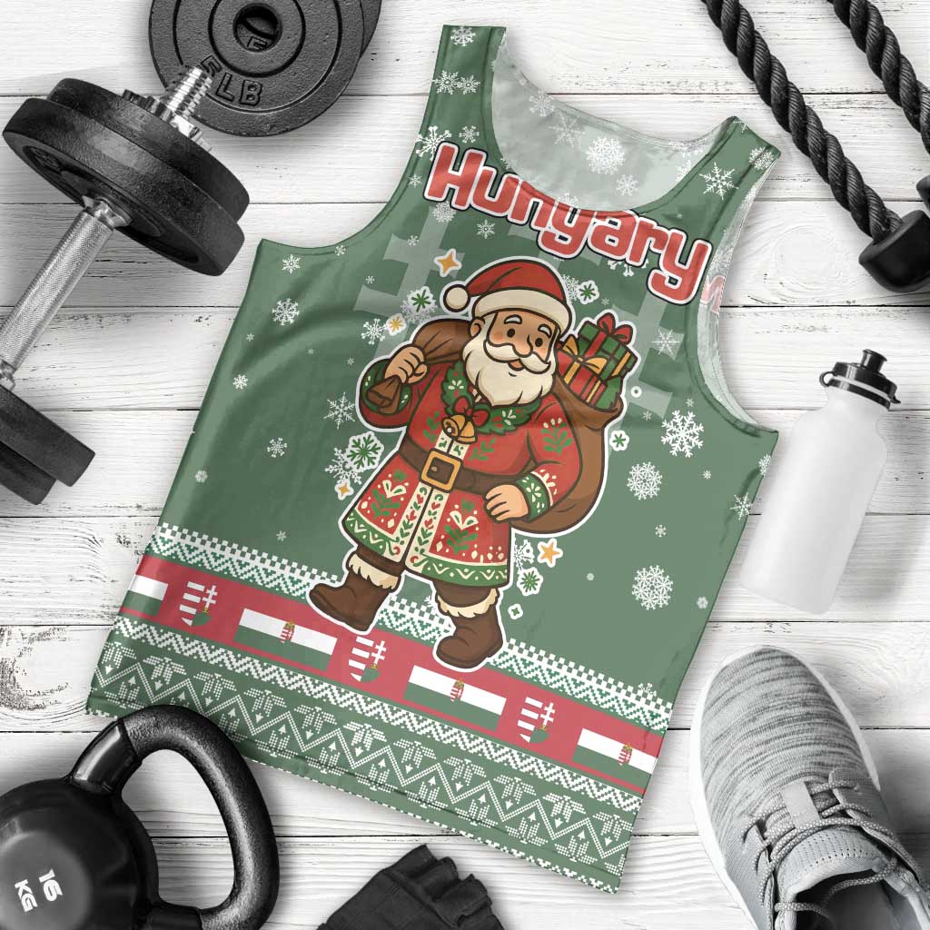 Hungary Christmas Men Tank Top with Green Snowflake Pattern Santa Claus Motif - Wonder Print Shop
