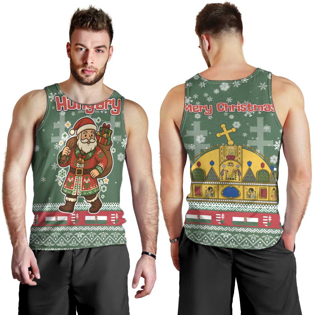 Hungary Christmas Men Tank Top with Green Snowflake Pattern Santa Claus Motif - Wonder Print Shop
