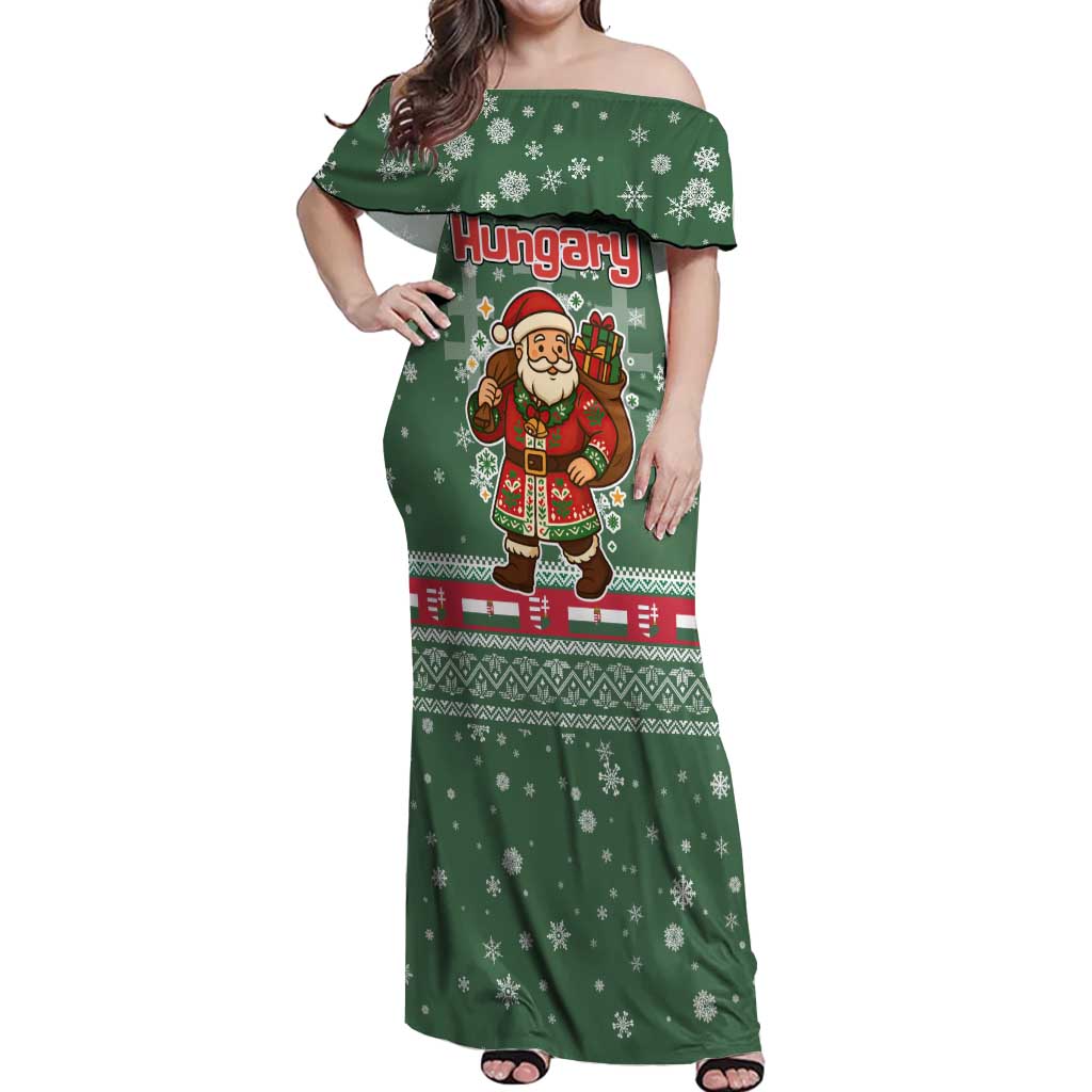 Hungary Christmas Off Shoulder Maxi Dress with Green Snowflake Pattern Santa Claus Motif - Wonder Print Shop