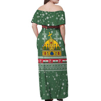 Hungary Christmas Off Shoulder Maxi Dress with Green Snowflake Pattern Santa Claus Motif - Wonder Print Shop