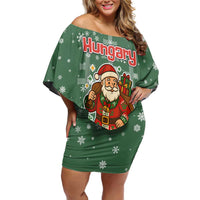 Hungary Christmas Off Shoulder Short Dress with Green Snowflake Pattern Santa Claus Motif - Wonder Print Shop
