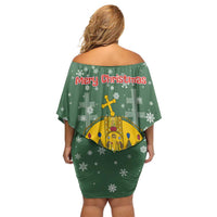 Hungary Christmas Off Shoulder Short Dress with Green Snowflake Pattern Santa Claus Motif - Wonder Print Shop