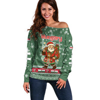 Hungary Christmas Off Shoulder Sweater with Green Snowflake Pattern Santa Claus Motif - Wonder Print Shop