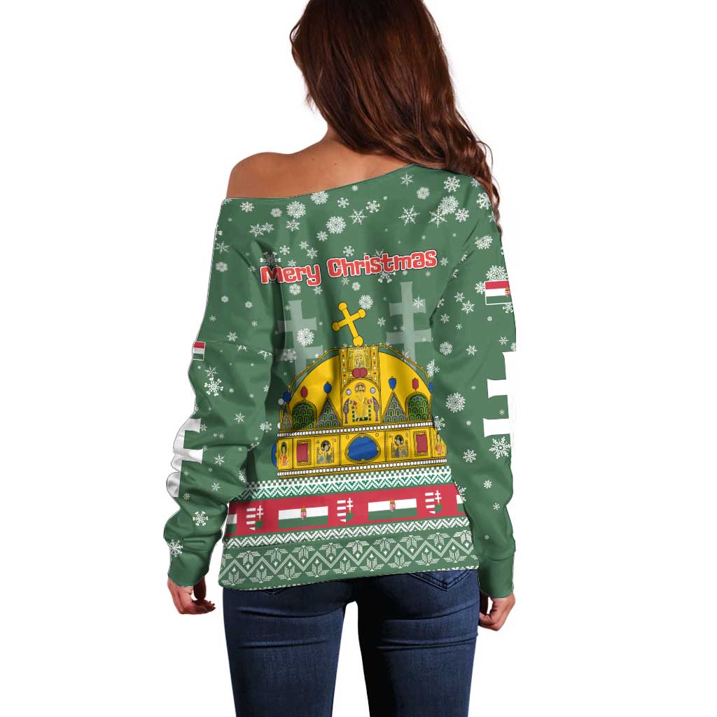 Hungary Christmas Off Shoulder Sweater with Green Snowflake Pattern Santa Claus Motif - Wonder Print Shop