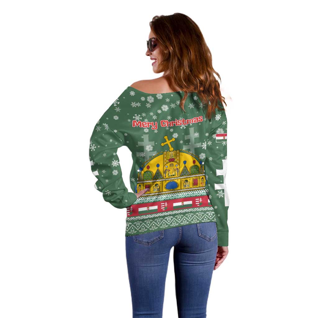 Hungary Christmas Off Shoulder Sweater with Green Snowflake Pattern Santa Claus Motif - Wonder Print Shop