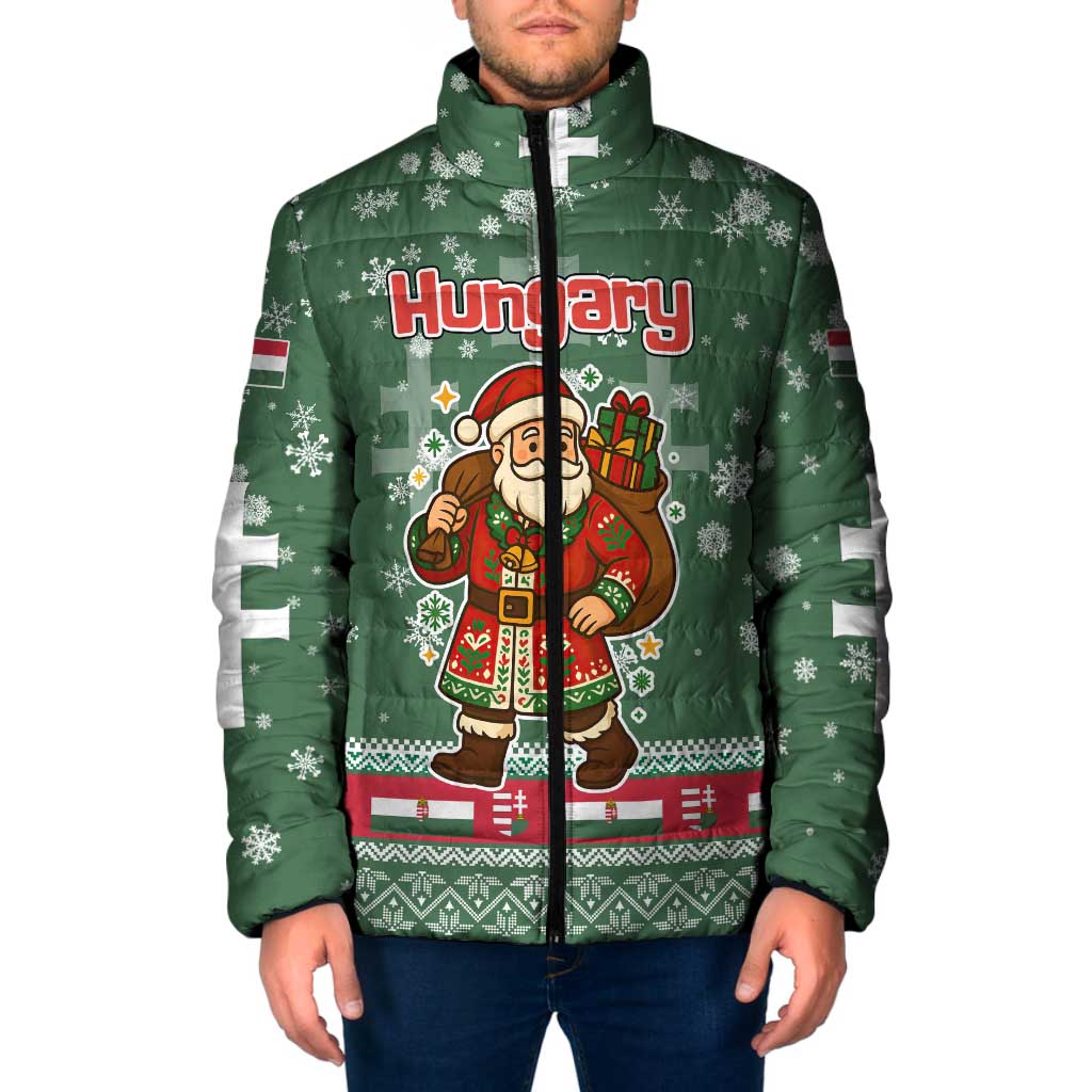 Hungary Christmas Padded Jacket with Green Snowflake Pattern Santa Claus Motif - Wonder Print Shop