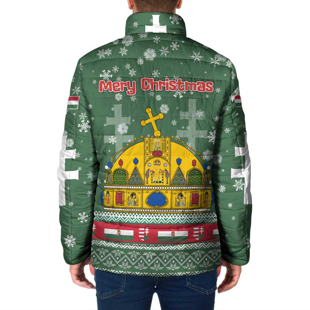 Hungary Christmas Padded Jacket with Green Snowflake Pattern Santa Claus Motif - Wonder Print Shop