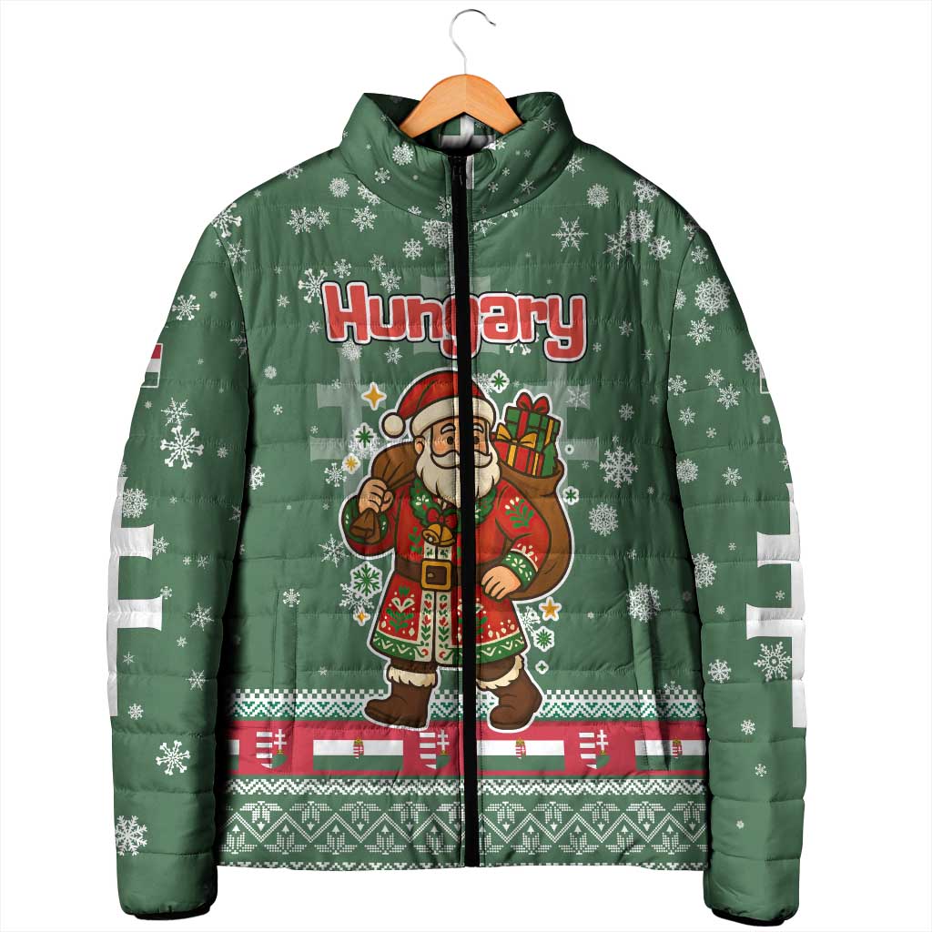 Hungary Christmas Padded Jacket with Green Snowflake Pattern Santa Claus Motif - Wonder Print Shop