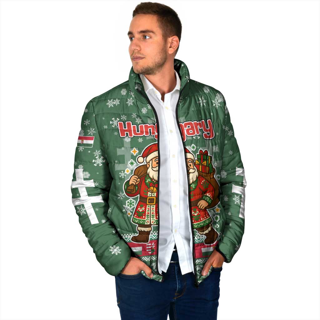 Hungary Christmas Padded Jacket with Green Snowflake Pattern Santa Claus Motif - Wonder Print Shop