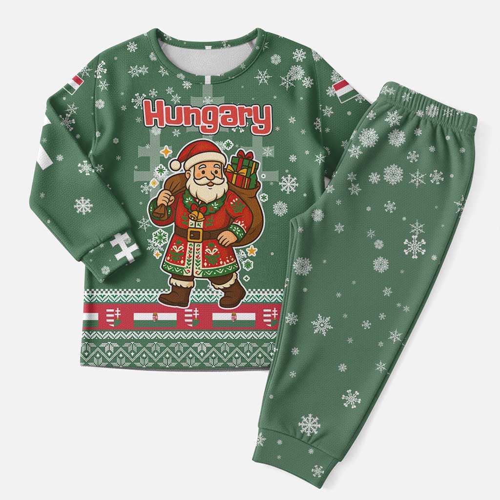 Hungary Christmas Pajama Set with Green Snowflake Pattern Santa Claus Motif - Wonder Print Shop