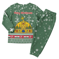 Hungary Christmas Pajama Set with Green Snowflake Pattern Santa Claus Motif - Wonder Print Shop