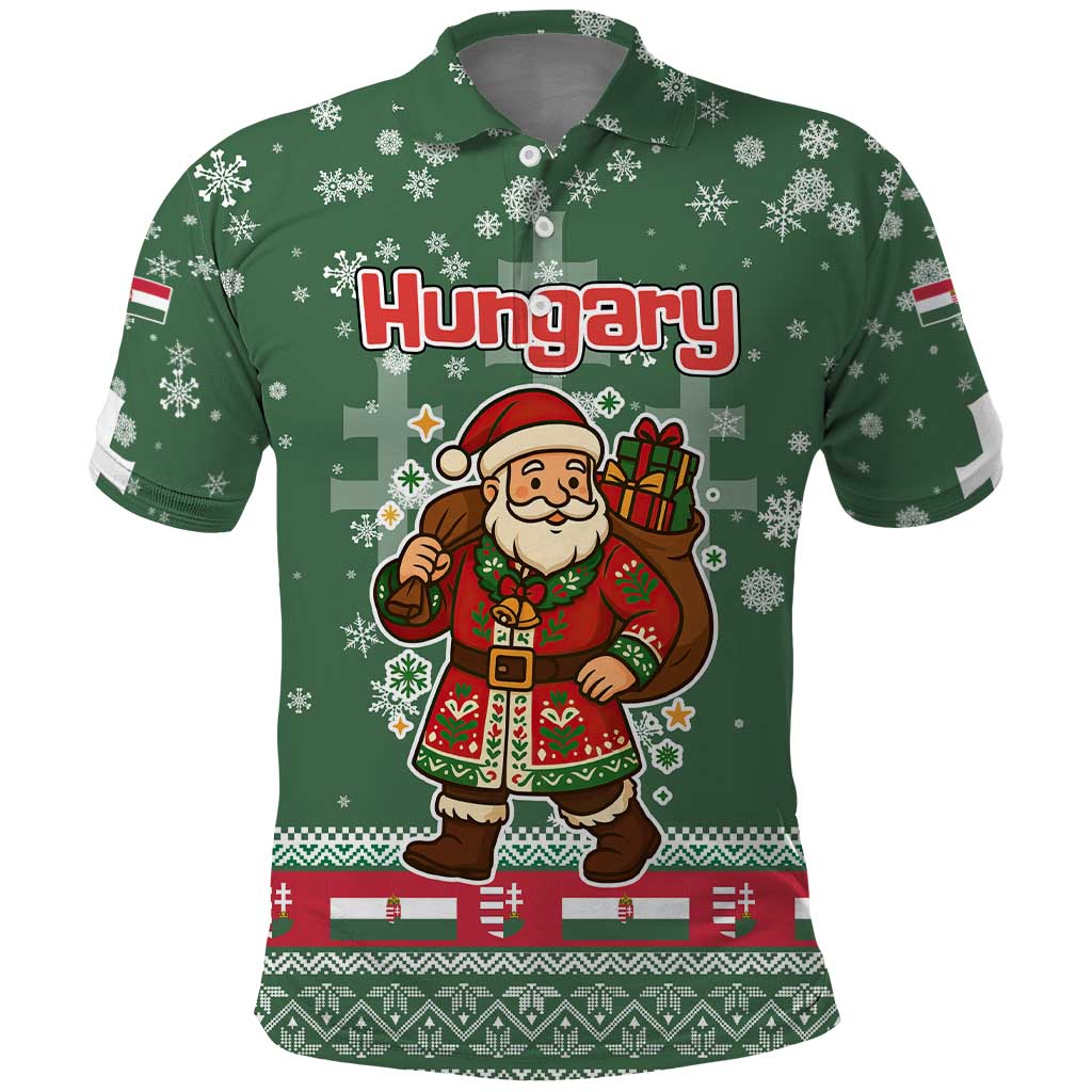 Hungary Christmas Polo Shirt with Green Snowflake Pattern Santa Claus Motif - Wonder Print Shop