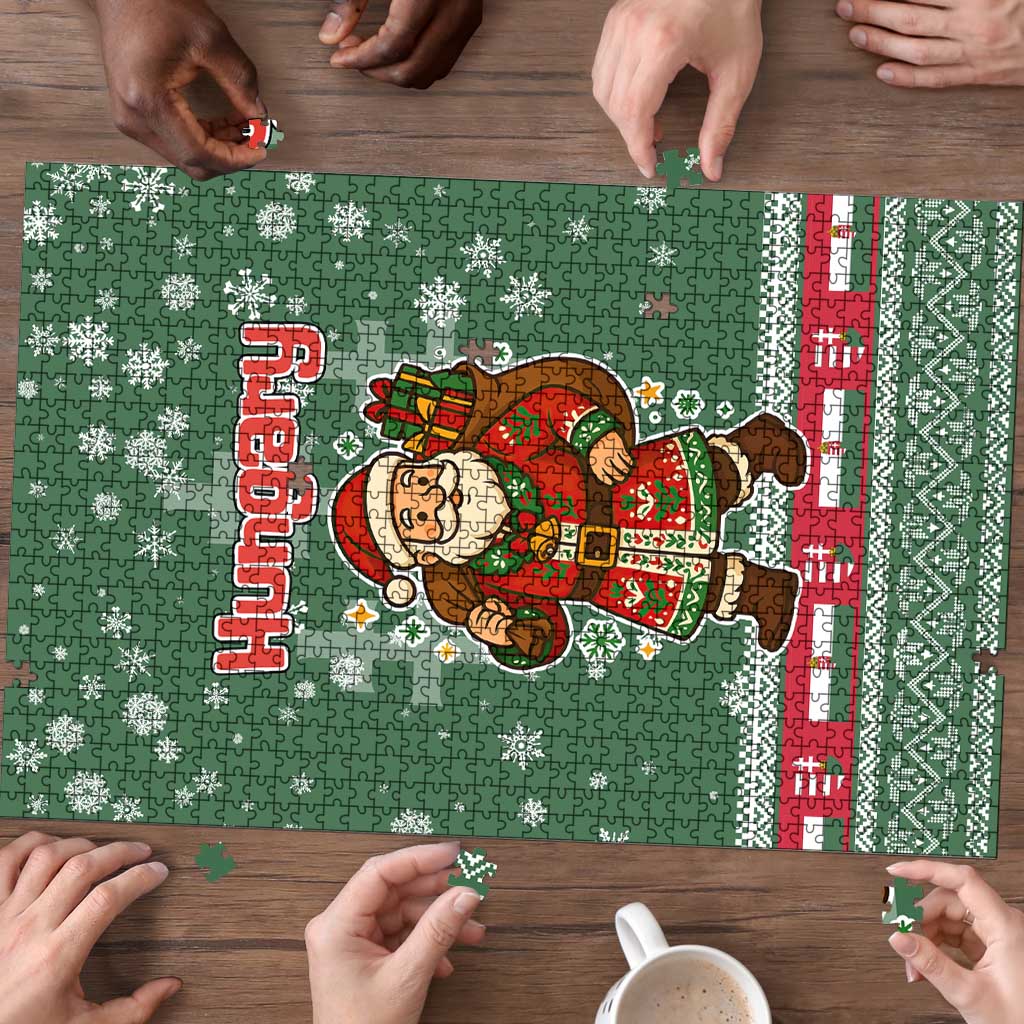 Hungary Christmas Puzzle with Green Snowflake Pattern Santa Claus Motif - Wonder Print Shop
