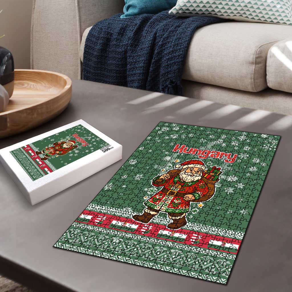 Hungary Christmas Puzzle with Green Snowflake Pattern Santa Claus Motif - Wonder Print Shop
