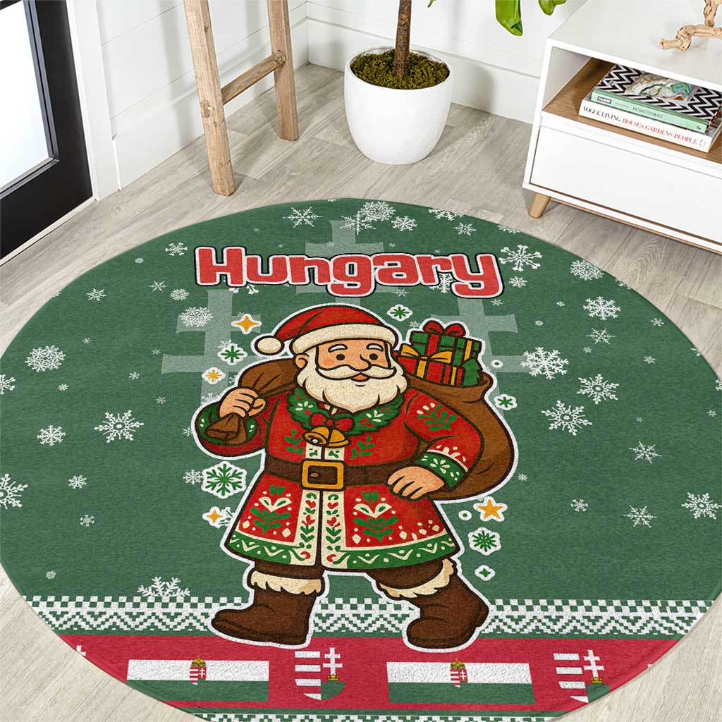 Hungary Christmas Round Carpet with Green Snowflake Pattern Santa Claus Motif - Wonder Print Shop