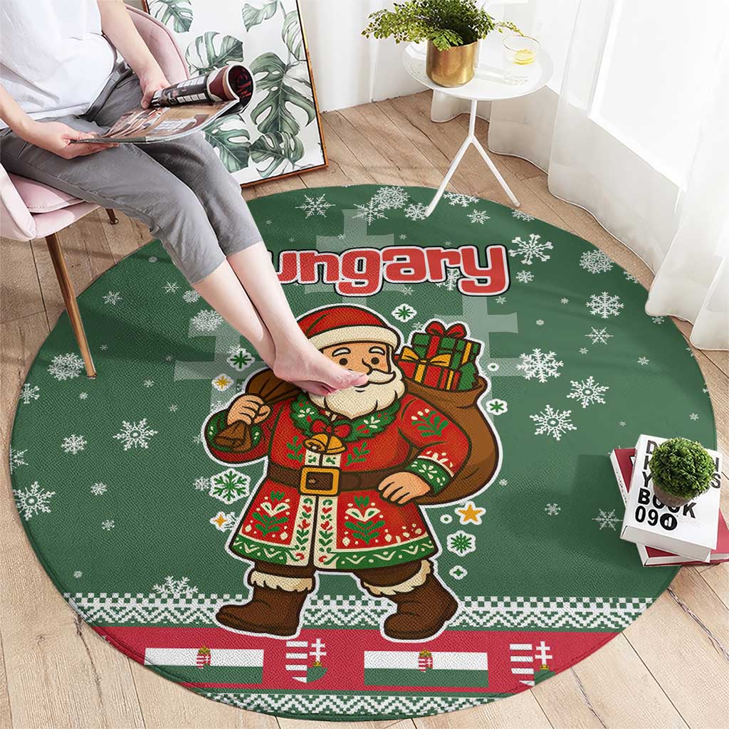 Hungary Christmas Round Carpet with Green Snowflake Pattern Santa Claus Motif - Wonder Print Shop