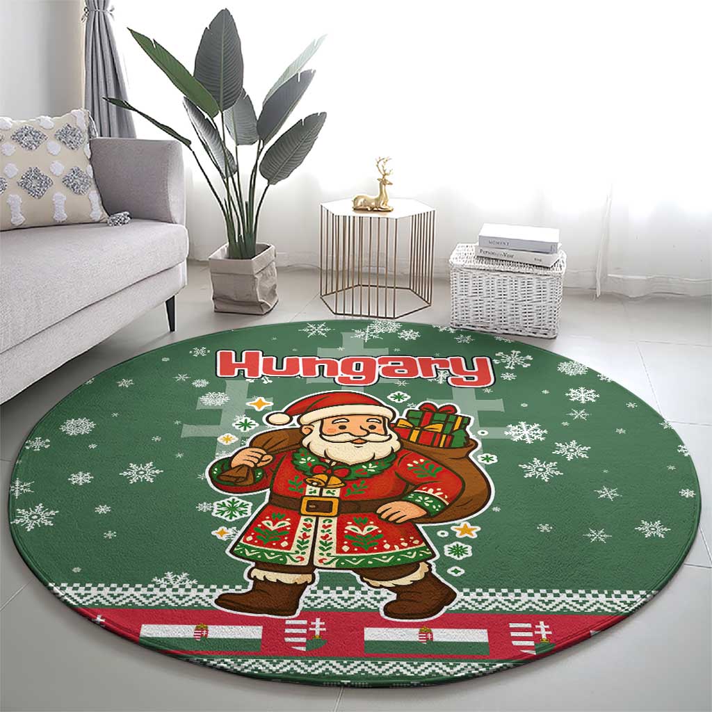 Hungary Christmas Round Carpet with Green Snowflake Pattern Santa Claus Motif - Wonder Print Shop
