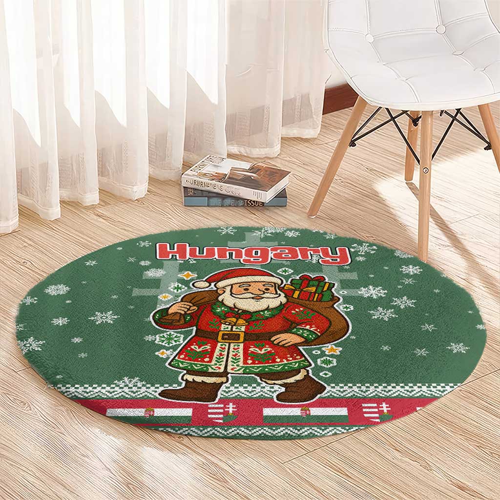 Hungary Christmas Round Carpet with Green Snowflake Pattern Santa Claus Motif - Wonder Print Shop