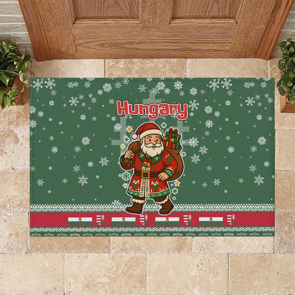 Hungary Christmas Rubber Doormat with Green Snowflake Pattern Santa Claus Motif - Wonder Print Shop