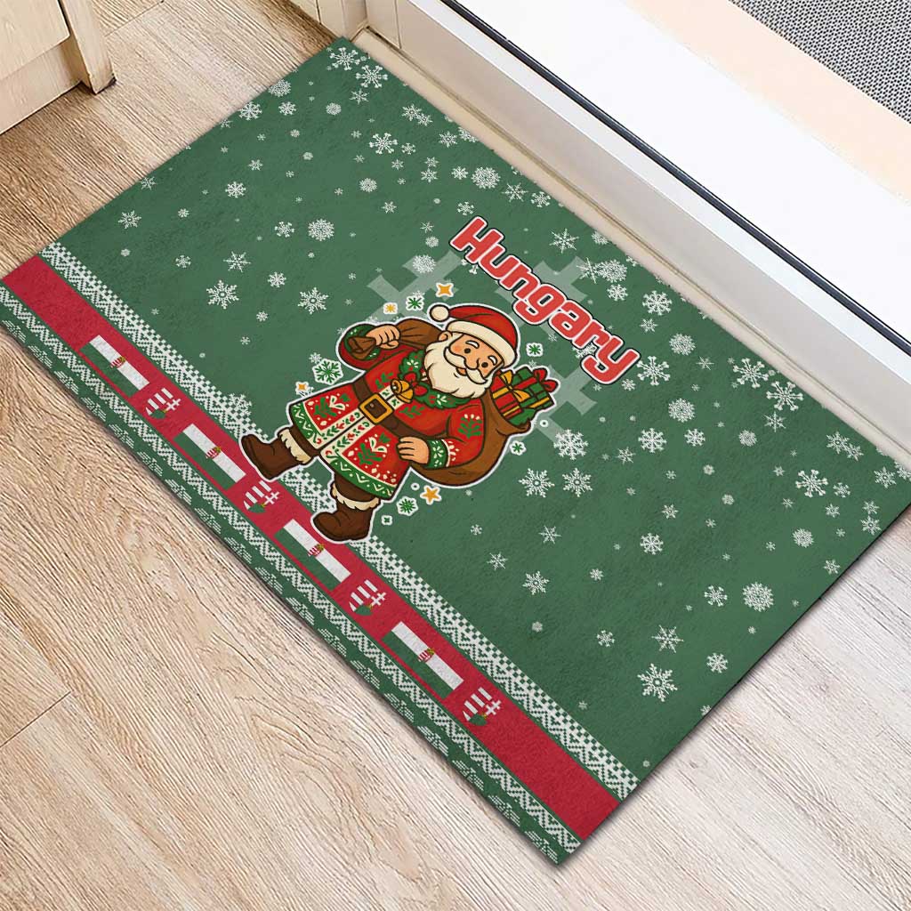 Hungary Christmas Rubber Doormat with Green Snowflake Pattern Santa Claus Motif - Wonder Print Shop