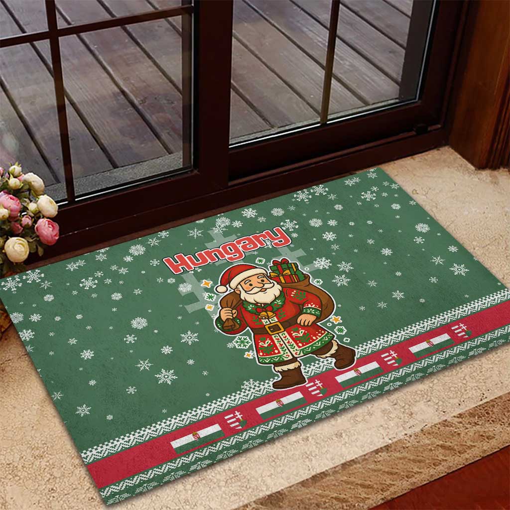Hungary Christmas Rubber Doormat with Green Snowflake Pattern Santa Claus Motif - Wonder Print Shop