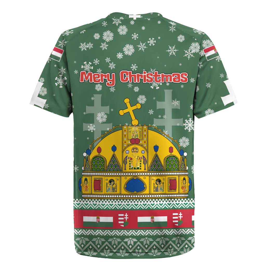 Hungary Christmas Rugby Jersey with Green Snowflake Pattern Santa Claus Motif - Wonder Print Shop