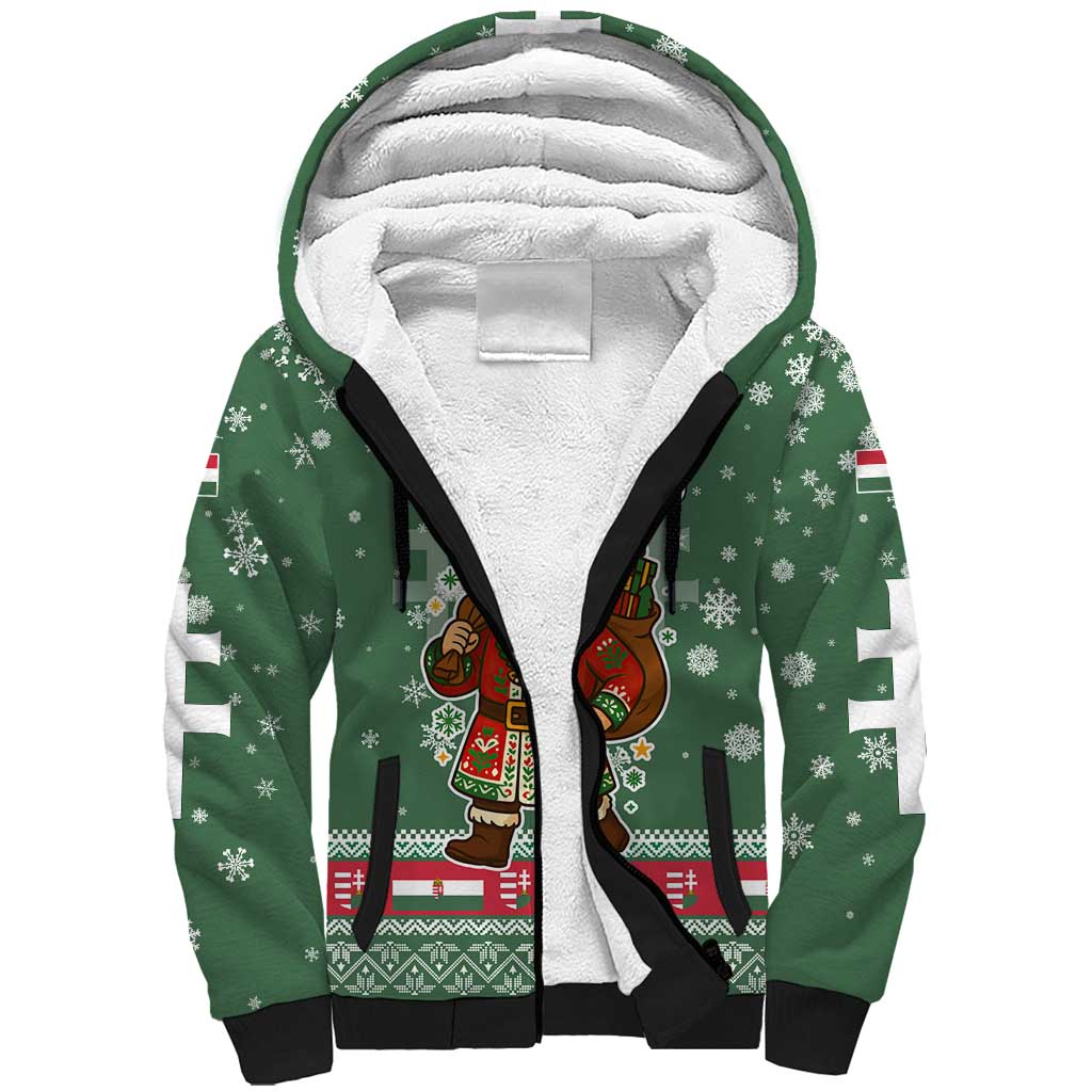 Hungary Christmas Sherpa Hoodie with Green Snowflake Pattern Santa Claus Motif - Wonder Print Shop