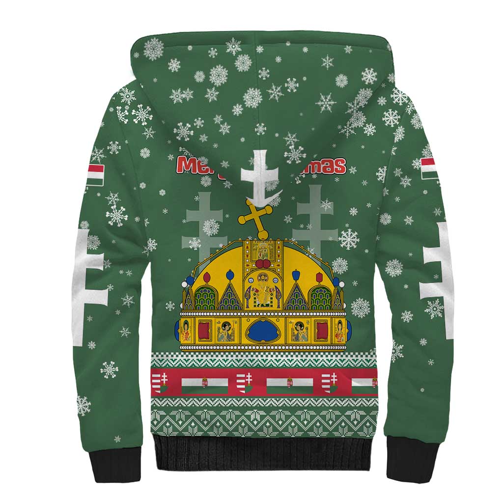 Hungary Christmas Sherpa Hoodie with Green Snowflake Pattern Santa Claus Motif - Wonder Print Shop