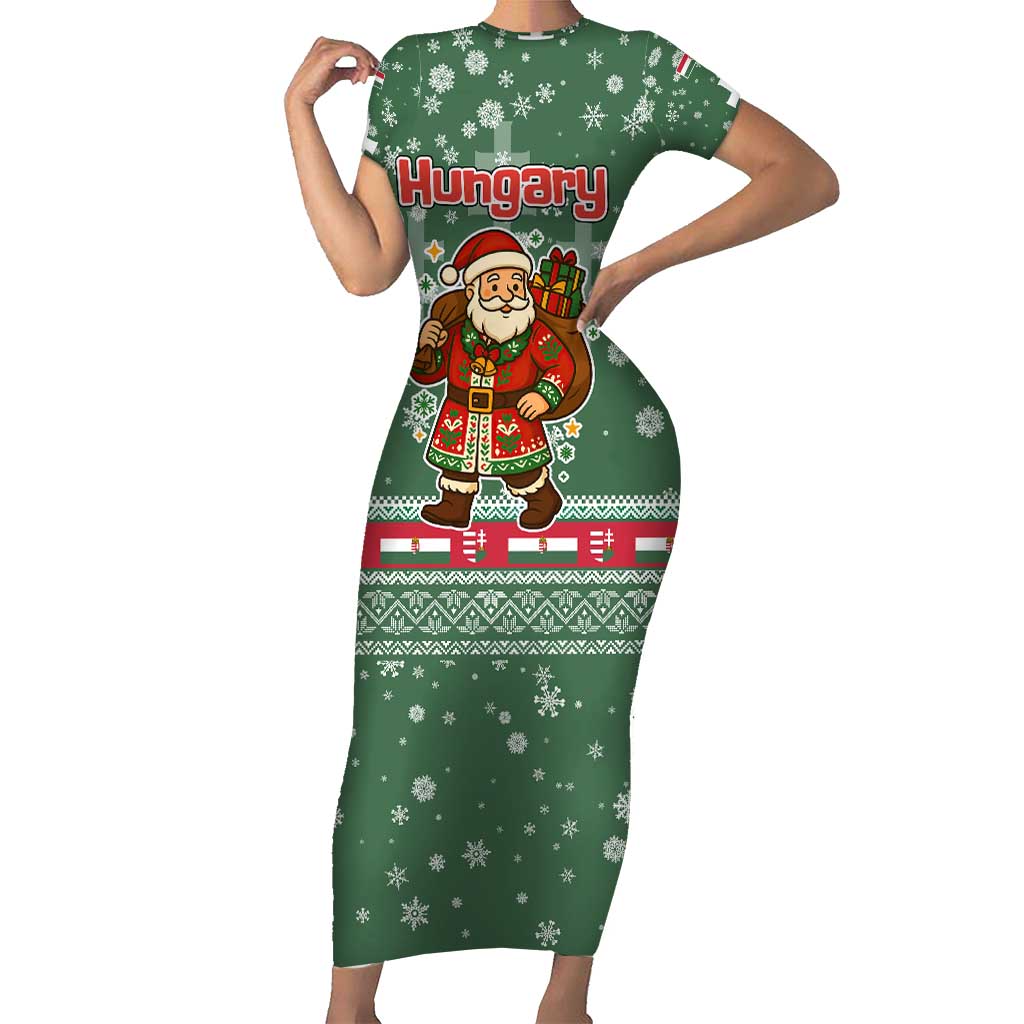 Hungary Christmas Short Sleeve Bodycon Dress with Green Snowflake Pattern Santa Claus Motif - Wonder Print Shop