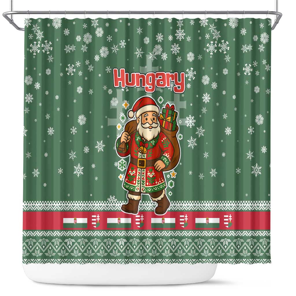 Hungary Christmas Shower Curtain with Green Snowflake Pattern Santa Claus Motif - Wonder Print Shop