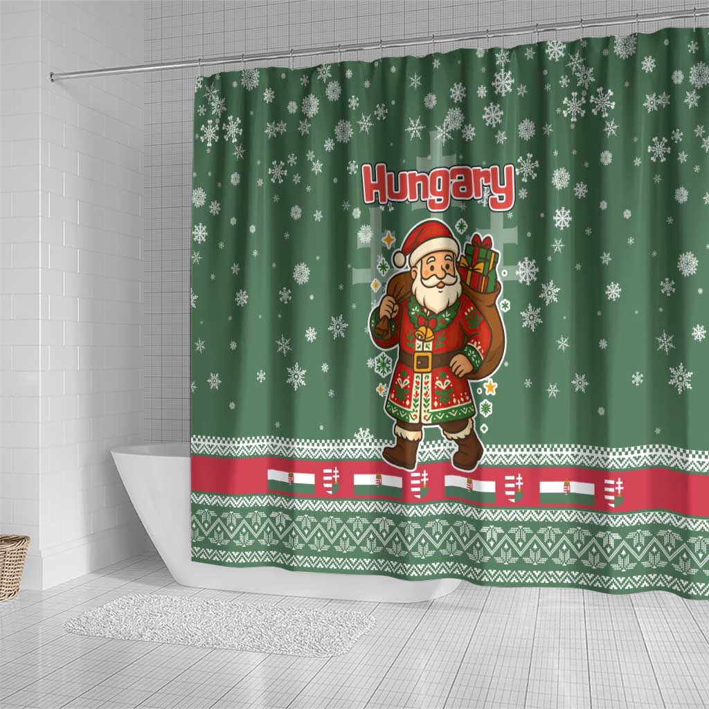 Hungary Christmas Shower Curtain with Green Snowflake Pattern Santa Claus Motif - Wonder Print Shop