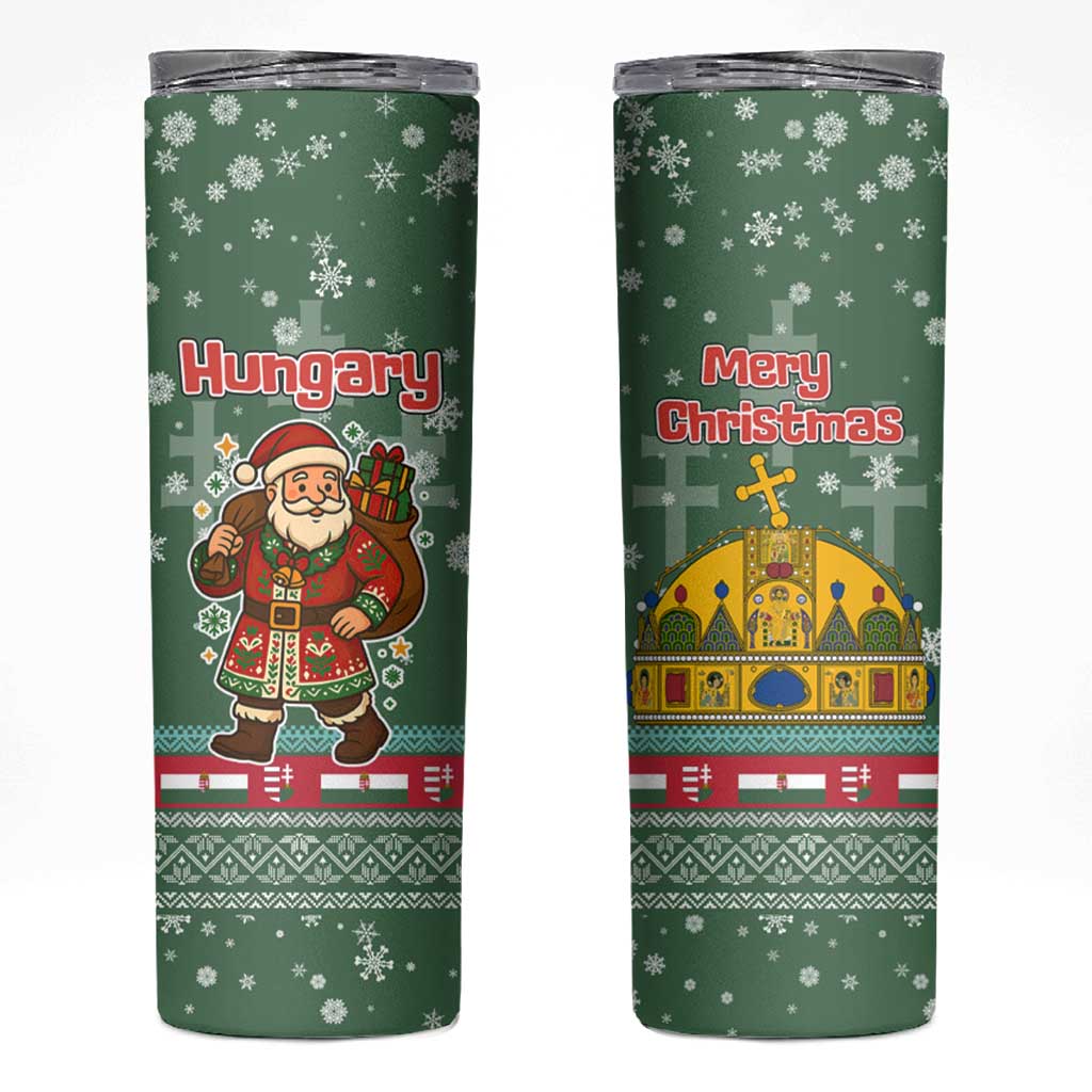 Hungary Christmas Skinny Tumbler with Green Snowflake Pattern Santa Claus Motif - Wonder Print Shop