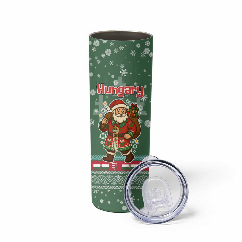 Hungary Christmas Skinny Tumbler with Green Snowflake Pattern Santa Claus Motif - Wonder Print Shop