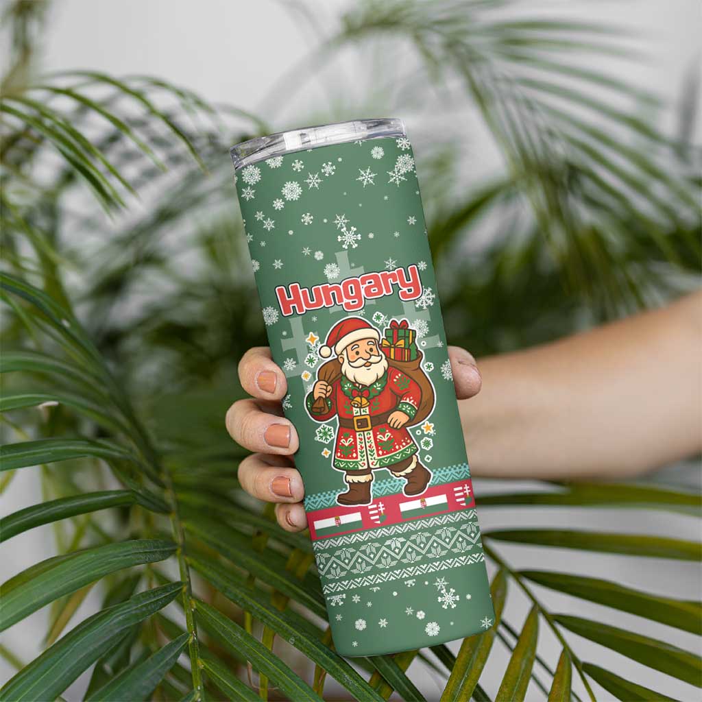 Hungary Christmas Skinny Tumbler with Green Snowflake Pattern Santa Claus Motif - Wonder Print Shop