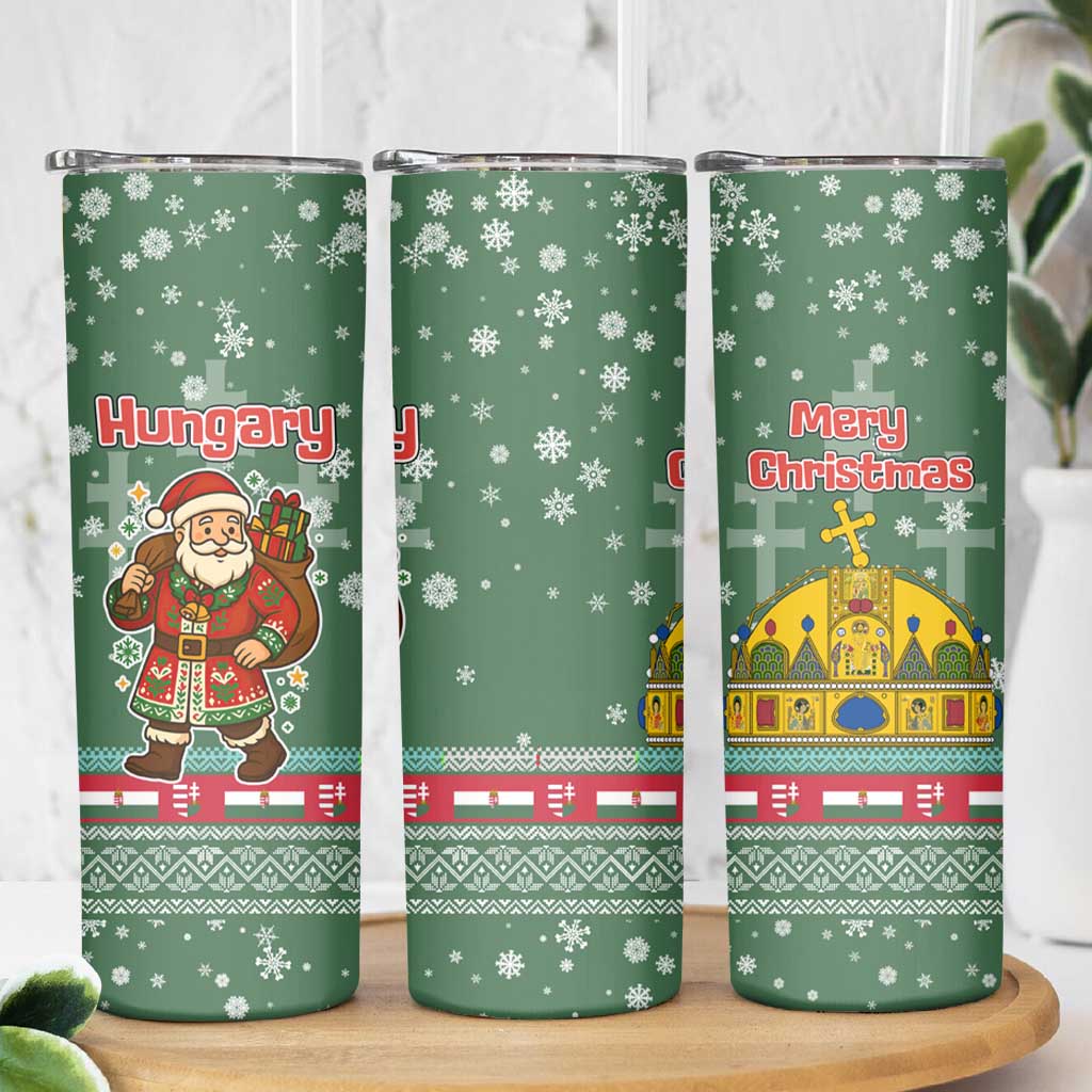 Hungary Christmas Skinny Tumbler with Green Snowflake Pattern Santa Claus Motif - Wonder Print Shop