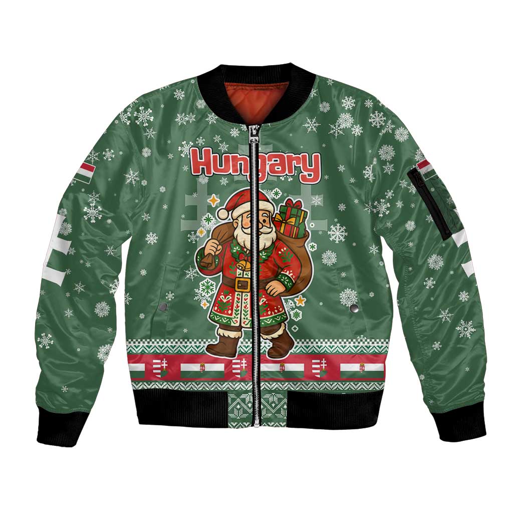 Hungary Christmas Sleeve Zip Bomber Jacket with Green Snowflake Pattern Santa Claus Motif - Wonder Print Shop