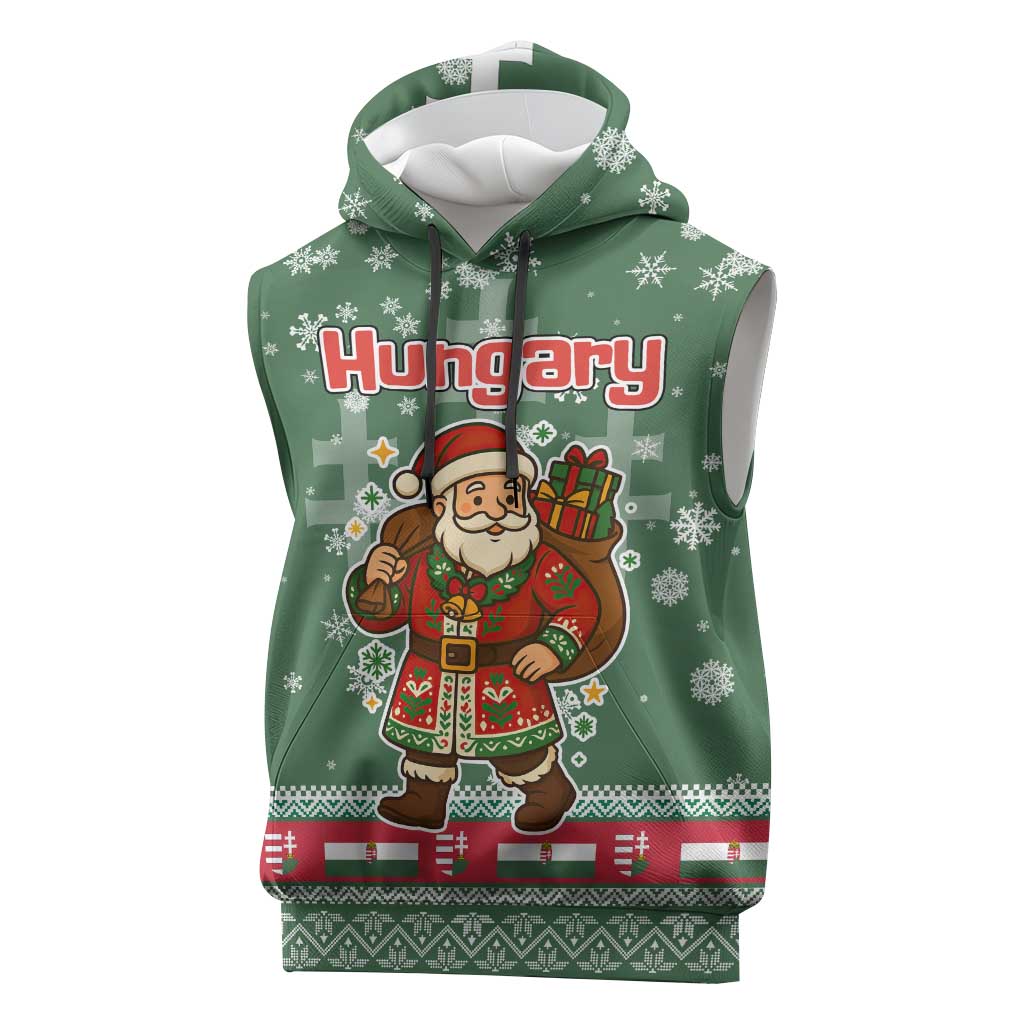 Hungary Christmas Sleeveless Hoodie with Green Snowflake Pattern Santa Claus Motif - Wonder Print Shop