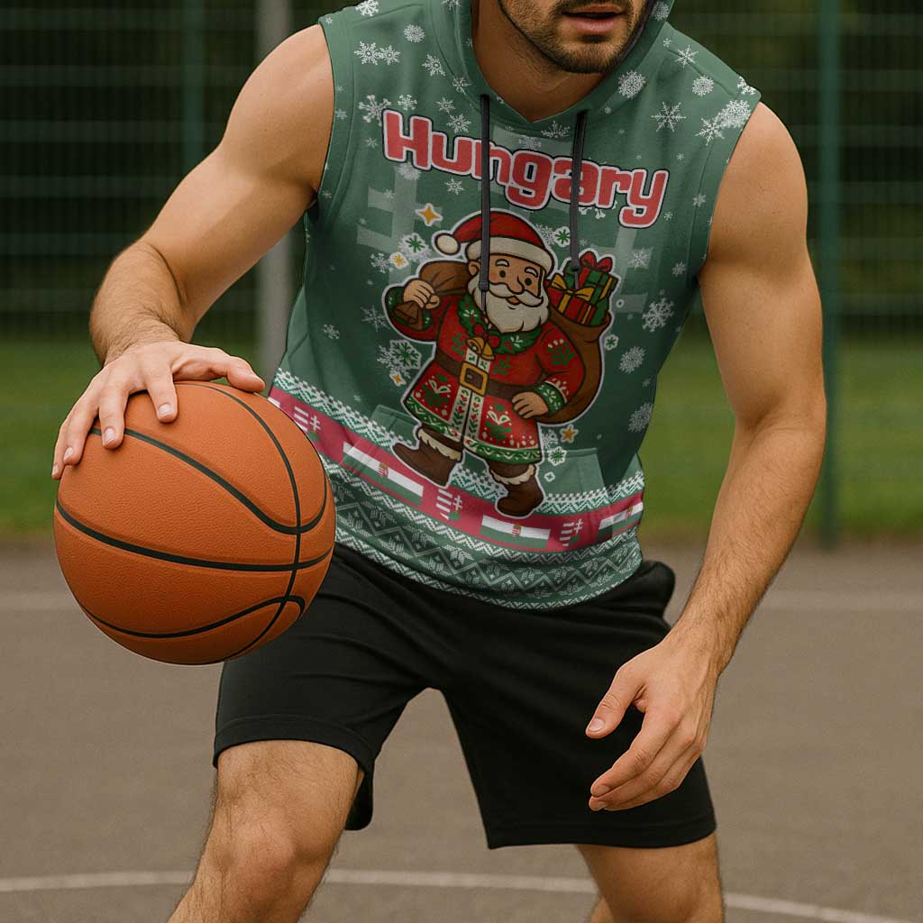 Hungary Christmas Sleeveless Hoodie with Green Snowflake Pattern Santa Claus Motif - Wonder Print Shop