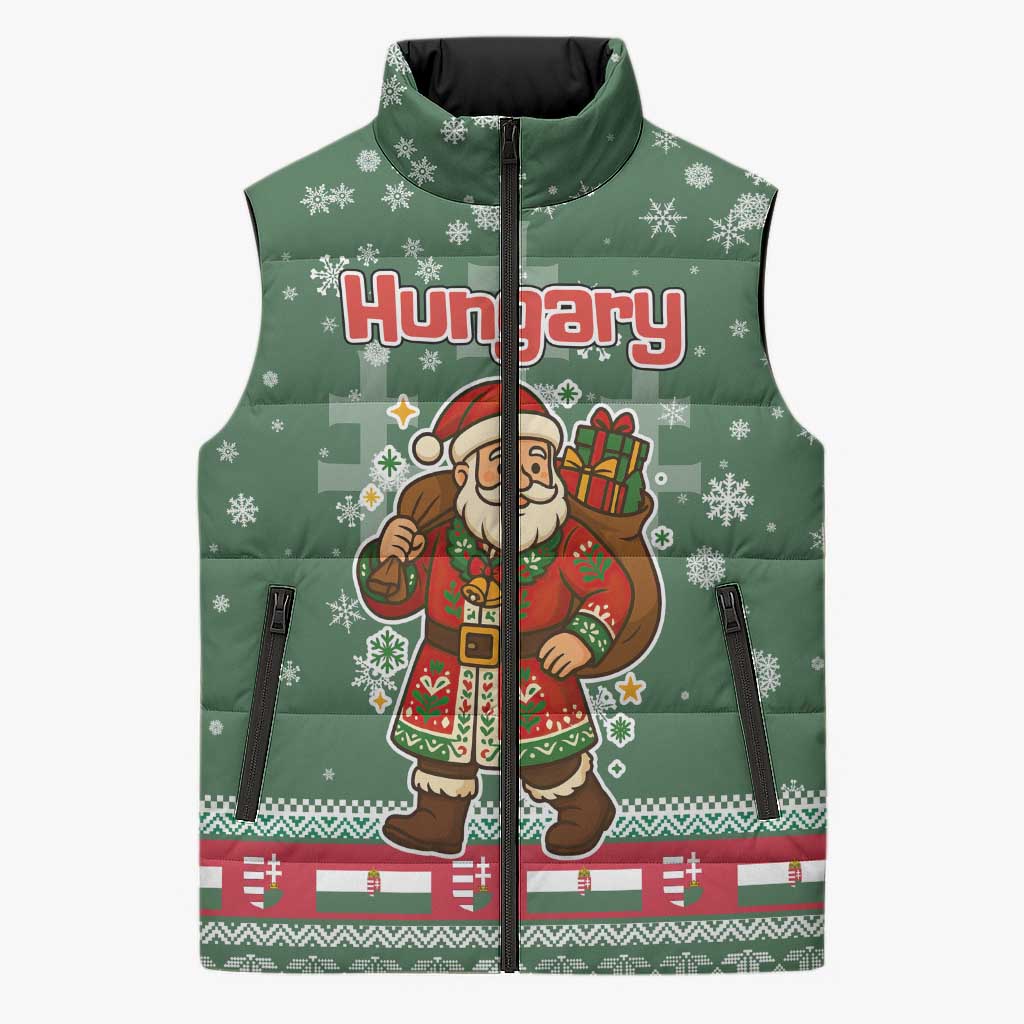 Hungary Christmas Sleeveless Puffer Jacket with Green Snowflake Pattern Santa Claus Motif - Wonder Print Shop