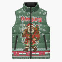 Hungary Christmas Sleeveless Puffer Jacket with Green Snowflake Pattern Santa Claus Motif - Wonder Print Shop