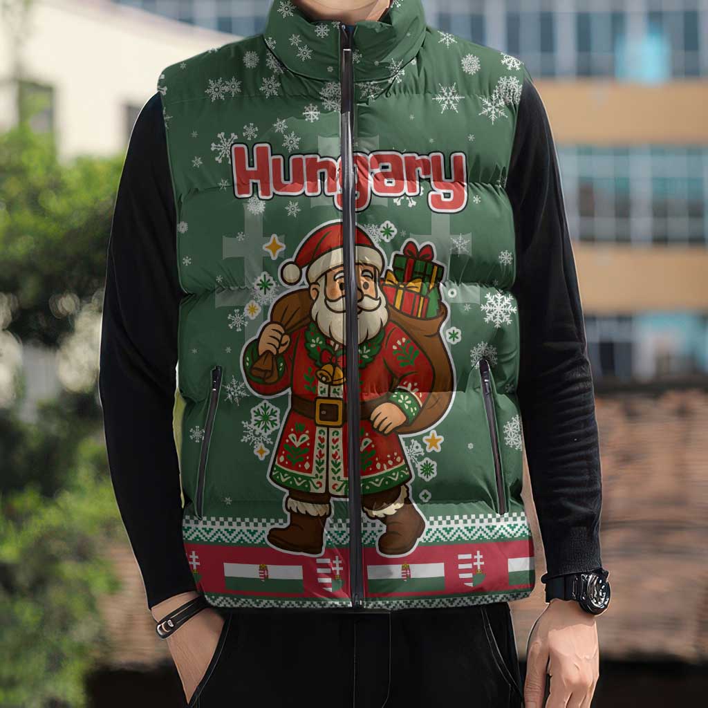 Hungary Christmas Sleeveless Puffer Jacket with Green Snowflake Pattern Santa Claus Motif - Wonder Print Shop