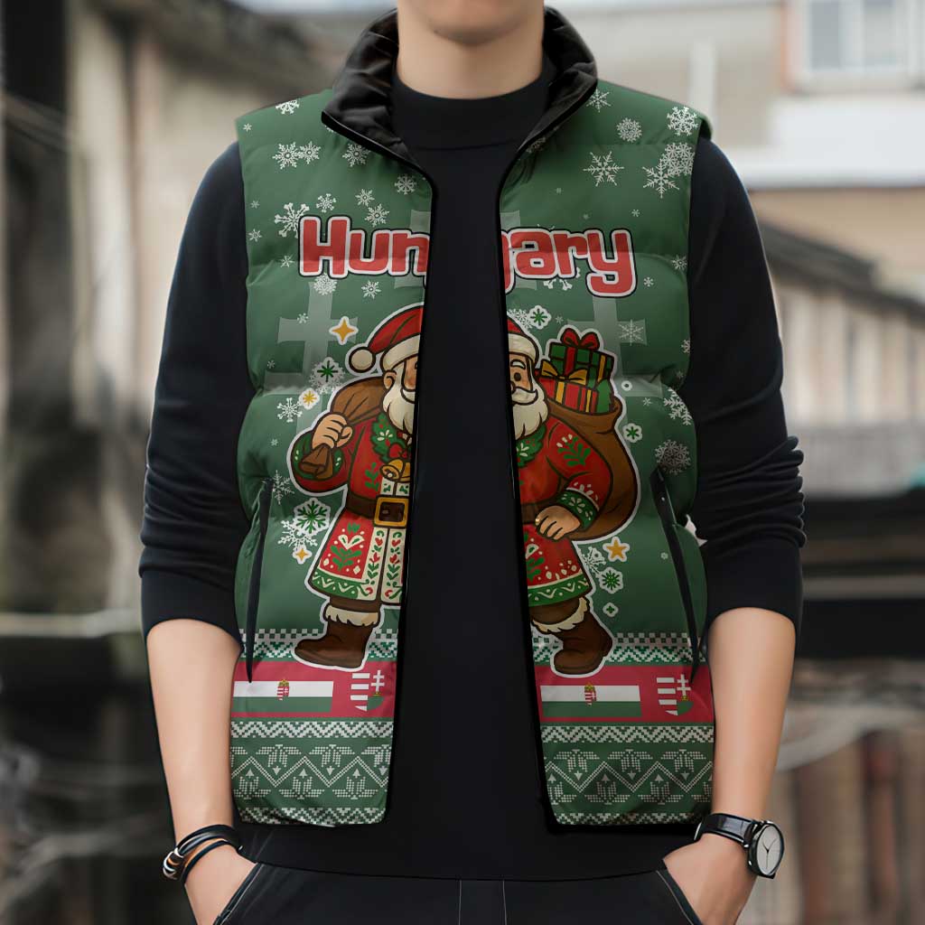 Hungary Christmas Sleeveless Puffer Jacket with Green Snowflake Pattern Santa Claus Motif - Wonder Print Shop