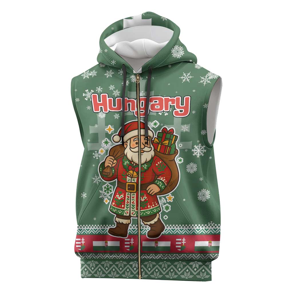 Hungary Christmas Sleeveless Zip Hoodie with Green Snowflake Pattern Santa Claus Motif - Wonder Print Shop