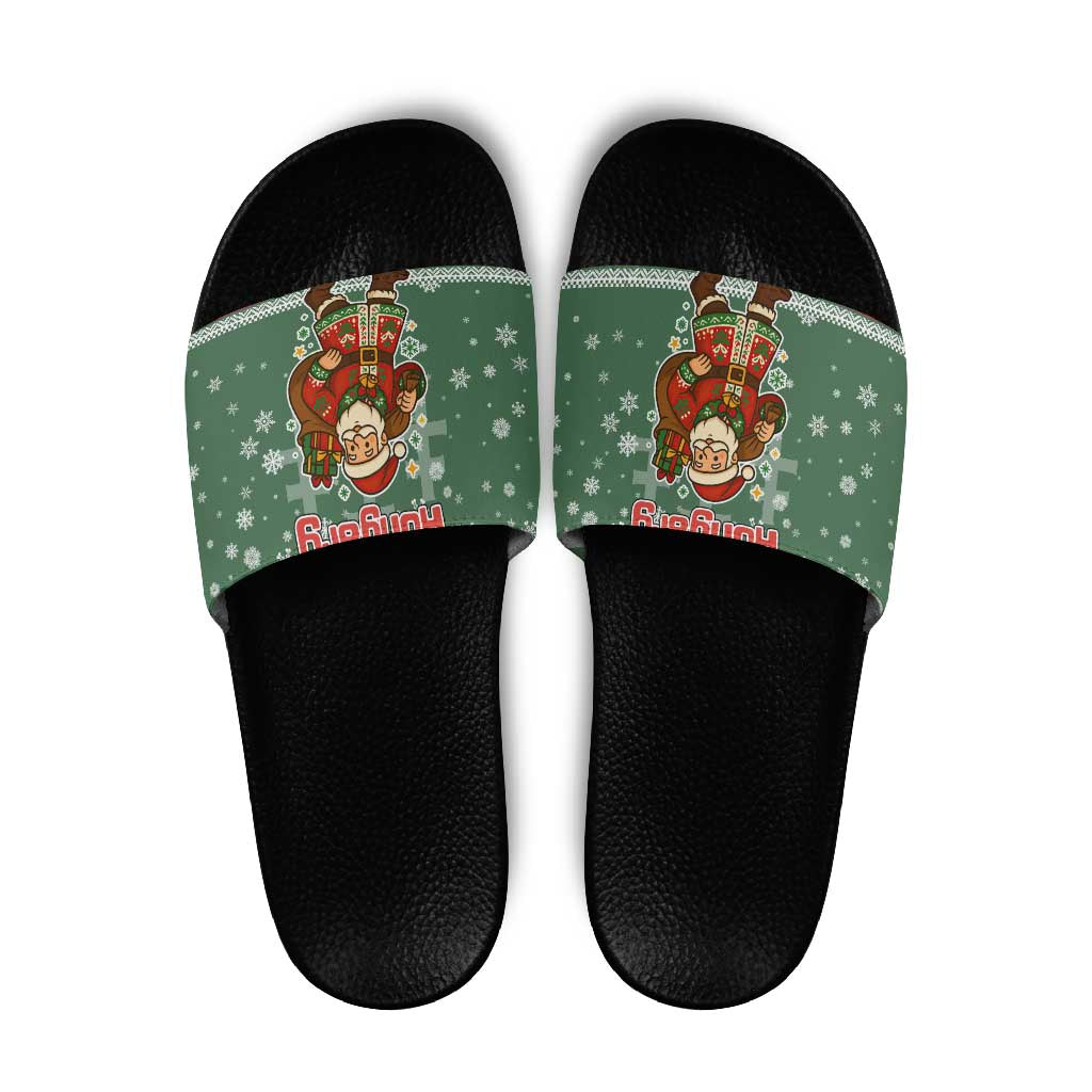 Hungary Christmas Slide Sandals with Green Snowflake Pattern Santa Claus Motif - Wonder Print Shop