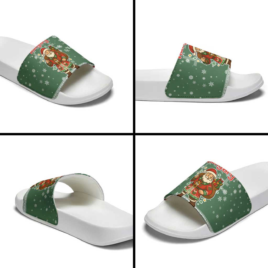 Hungary Christmas Slide Sandals with Green Snowflake Pattern Santa Claus Motif - Wonder Print Shop