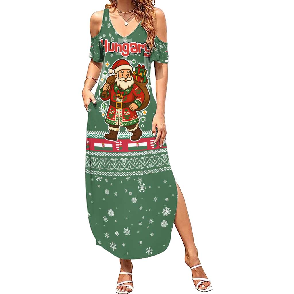 Hungary Christmas Summer Maxi Dress with Green Snowflake Pattern Santa Claus Motif - Wonder Print Shop