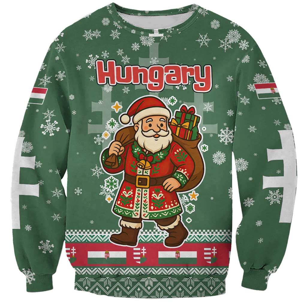 Hungary Christmas Sweatshirt with Green Snowflake Pattern Santa Claus Motif - Wonder Print Shop