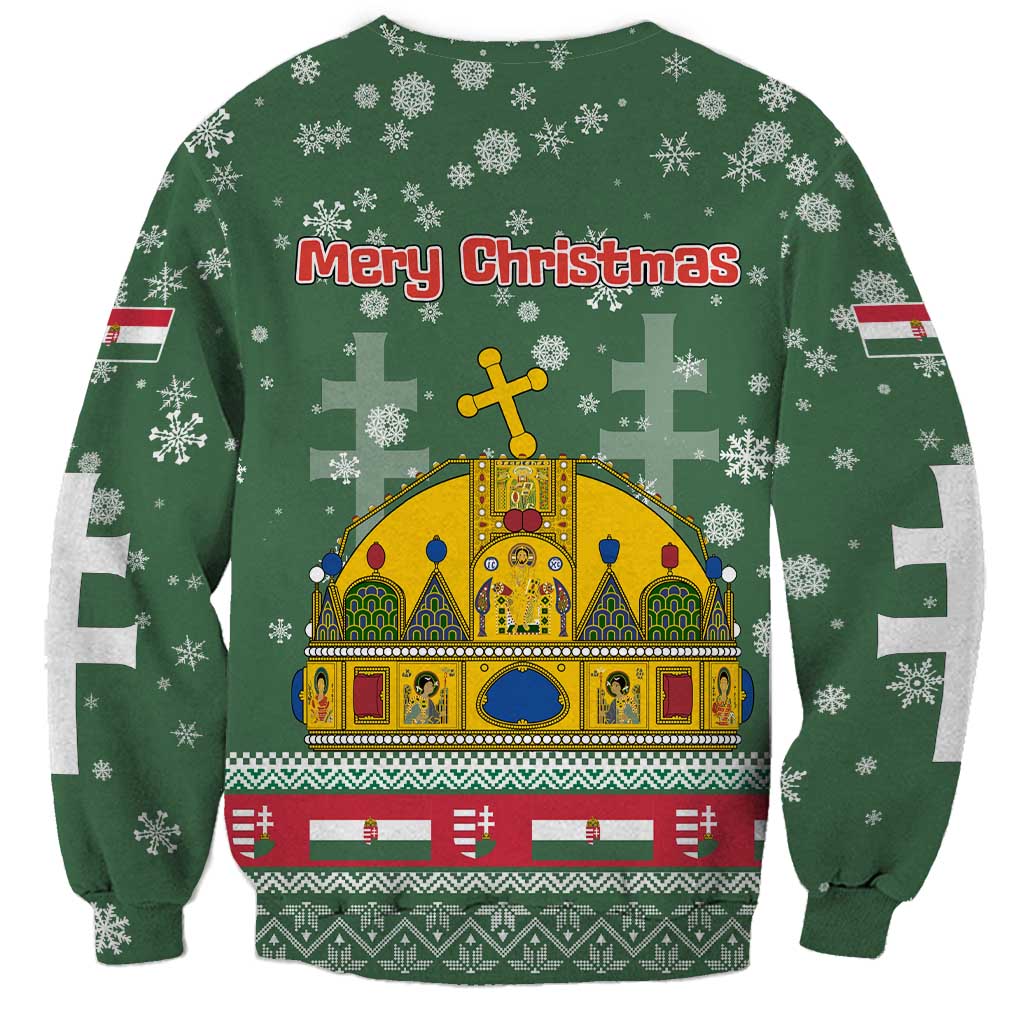 Hungary Christmas Sweatshirt with Green Snowflake Pattern Santa Claus Motif - Wonder Print Shop