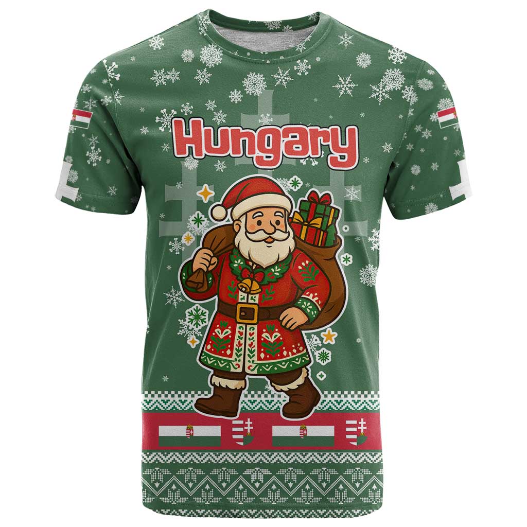 Hungary Christmas T Shirt with Green Snowflake Pattern Santa Claus Motif - Wonder Print Shop